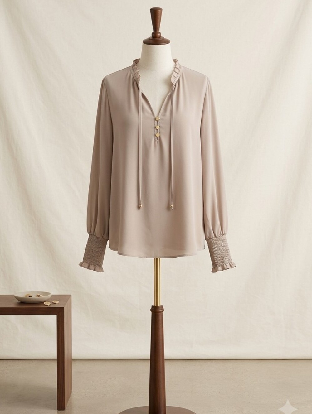 Tahari NWT Chiffon Ruffle-Neck Long-Sleeve Blouse — Light Jute, Size XL